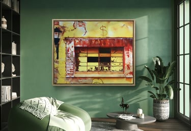 Sala moderna en tono verde con arte urbano sillon y plantas de interior