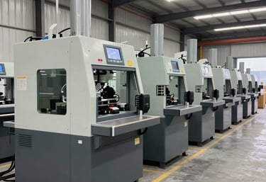 Close-up of a heavy-duty industrial lathe machine in a bright factory setting.