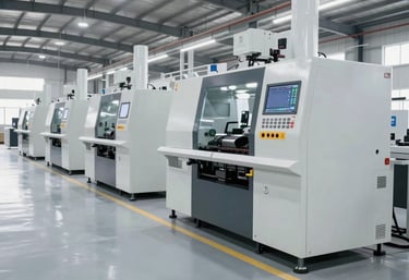 Industrial machines lined up in a spacious warehouse ready for sale.