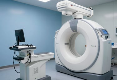 A modern North American diagnostic room featuring advanced medical imaging equipment and clean blue and white interior design.