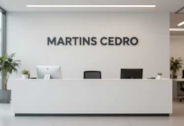 Minimalist office interior with a focus on a professional contact desk, featuring the MARTINS CEDRO brand colors in subtle decor.