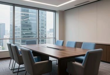 A minimalist and sophisticated meeting room in a corporate North American tower, with high-quality furniture, sky blue accent pillows, and a large window.
