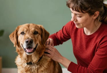 A peaceful healing session with a person gently holding their calm dog in a softly lit room