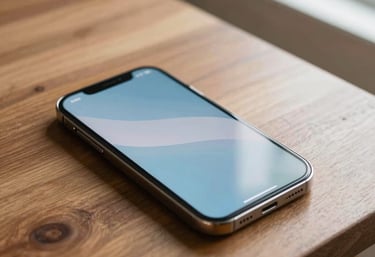 A lifestyle shot of a modern smartphone resting on a wooden table in a North American / US sunroom. The screen shows an app with functional elegance and soft blue colors.