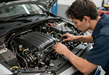 A professional mechanic inspecting a car engine in a clean, organized garage, reflecting technical expertise and quality control.