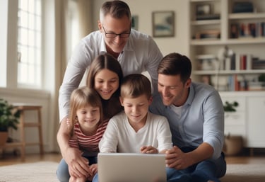 A warm family scene with parents and children using devices together in a cozy living room.