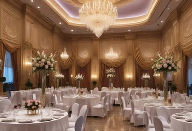 A beautifully decorated event hall with elegant table settings and warm lighting.