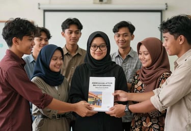 A happy group of Indonesian students and a lecturer holding a published book, celebrating academic success, bright indoor lighting, professional photography.