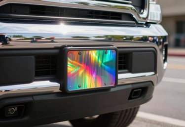 A vibrant reflective vinyl sticker applied to a modern truck bumper, shining under bright natural daylight on a North American street.