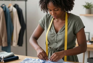 Close-up of hands skillfully adjusting a woman’s dress on a mannequin.