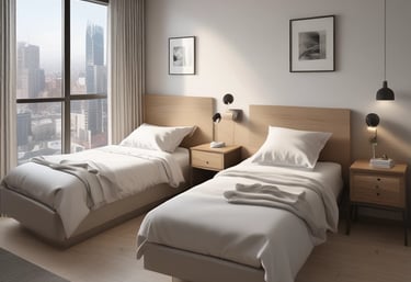 A bright, cozy living room with soft pink accents and comfortable seating.