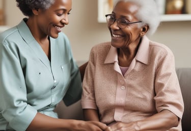 A friendly caregiver assisting a resident in a sunlit kitchen space.