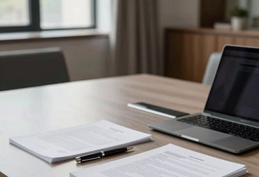 Professional businesswoman signing legal contract documents at a desk with a laptop.