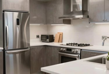 A sparkling clean corporate breakroom and kitchen area in a North American office building, featuring stainless steel appliances and white countertops.