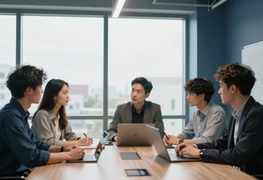 A team of developers collaborating in a Global / International high-tech meeting room with large windows and muted steel blue decor.