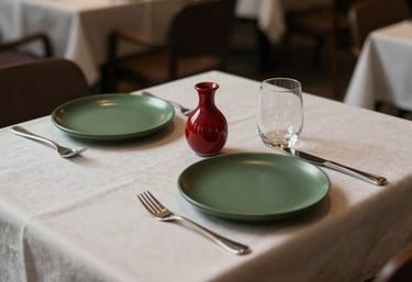 A cozy restaurant table setting with a crisp parchment tablecloth, a small crimson vase, and matte forest green plates.