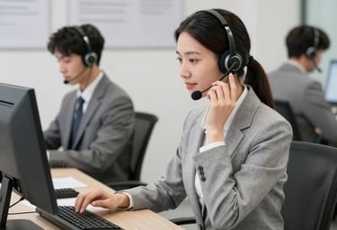 A friendly call center agent in a modern Italian office, smiling while assisting a customer.