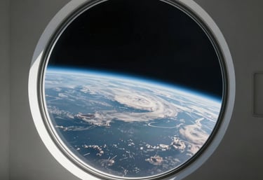 A conceptual photograph of a sleek, minimalist interior of a futuristic habitat, looking out a large circular window at the curvature of the Earth in the blackness of space.
