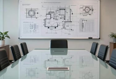 A photograph of a high-tech conference room in a US office, with a large glass table and a backdrop of blueprints on the wall, showing an atmosphere of professional innovation.