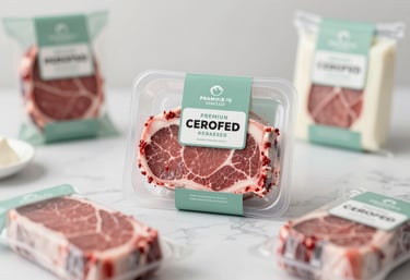 A clean, commercial photograph of packaged premium beef cuts and dairy products on a marble surface. The lighting is crisp and cool, featuring tones of #EBF3EE and #8BA89D.