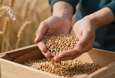 A professional image of organic wheat grains falling through a person's hands into a wooden crate. The lighting is warm and natural, using a palette that emphasizes the golden grains and deep teal shadows (#0E2A2E).