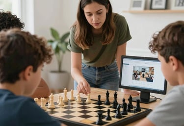 A smiling child concentrating on a digital chessboard during an online lesson.