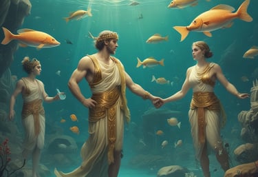 Young people dressed in elegant Atlantis-inspired costumes enjoying a festive evening.