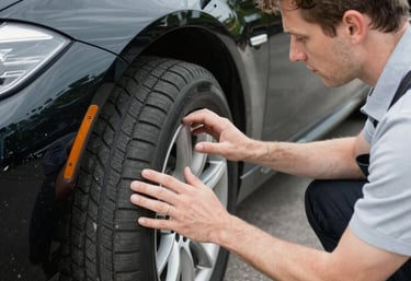 Technician performing a detailed vehicle inspection at a dealership parking lot.