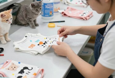 una persona trabajando en una fabrica elaborando trajes para gatos y perros 