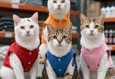 Cuatro adorables gatos con coloridos chalecos para mascotas sentados en un almacén