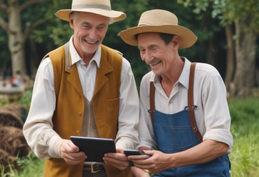 A farmer receiving hands-on help installing software on a tablet in a rustic barn.