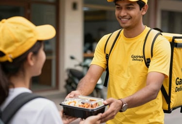 A smiling delivery driver handing a box of fresh produce to a happy customer at their doorstep.