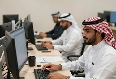 A confident team collaborating around a table with laptops and documents.