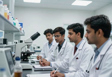 A group of South Asian / Indian medical students in white coats collaborating in a bright, modern laboratory with high-tech equipment, reflecting a professional and clean clinical atmosphere.
