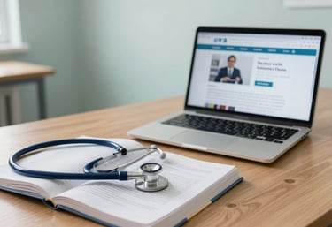 An organized student workspace with a stethoscope, a medical textbook, and a laptop showing an online training module, in a room with soft natural lighting and pale mist colored walls.