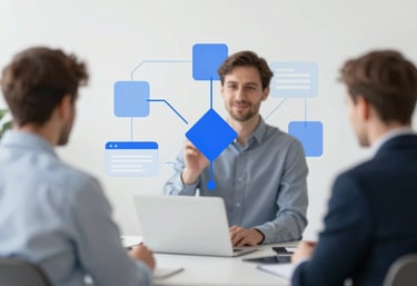 An image symbolizing business innovation, featuring clean, abstract geometric shapes that suggest connectivity and forward-thinking management solutions.