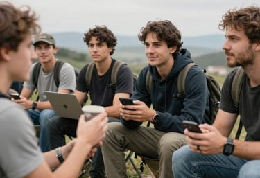 A vibrant collage showing travel and tech influencers interacting with their engaged audiences outdoors and digitally.
