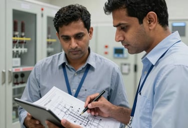 South Asian engineers reviewing detailed industrial blue prints on an digital tablet inside a clean, modern electrical substation, sharp corporate focus, authoritative B2B mood.