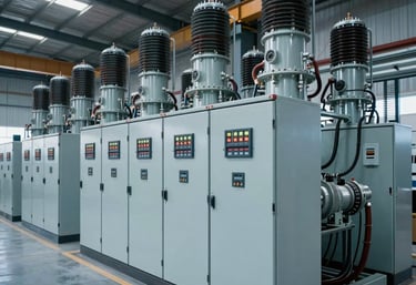 Wide-angle crisp architectural shot of an Indian industrial electrical warehouse, showcasing structured rows of industrial control panels and heavy-duty cabling, corporate slate blue lighting, precision engineering aesthetic.