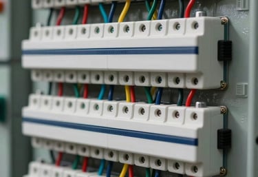 Close-up of highly structured South Asian electrical distribution board, neat multi-colored wiring, engineered precision, high professional technical detail, white and navy accents.
