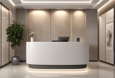 a white office with a marble counter top