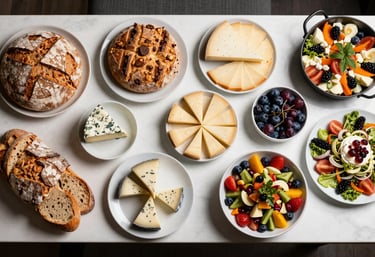 Top-down view of a beautifully arranged buffet station with artisanal breads, cheeses, and colorful Mediterranean salads. Clean and elegant presentation. European / Português style.