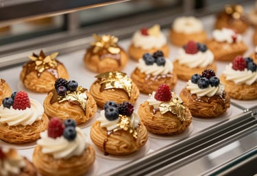 An elegant dessert display featuring traditional Portuguese pastries with a modern aesthetic, decorated with gold leaf and fresh berries. European / Português pastry shop style.