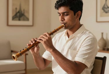 A lifestyle shot of a South Asian / Indian student playing a bamboo flute in a sunlit, warm beige room with minimalist furniture and a luxury artistic atmosphere.
