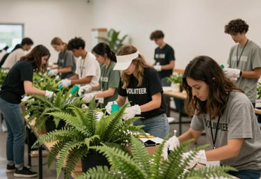Action shot of people volunteering at a clean, well-organized community center in North America, with fern green and white decor elements.