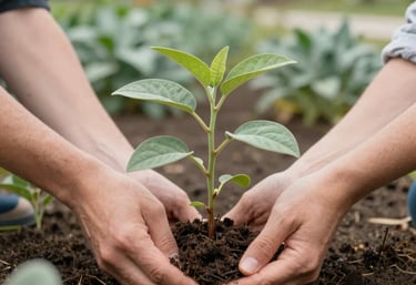 A close-up photo of hands planting a small green tree in a suburban community garden in the US, representing growth and sustainability, with soft sage green foliage in the background.