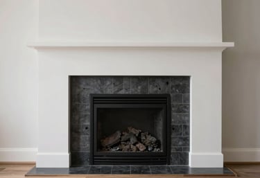 A pristine, modern North American / US living room featuring a clean, safe, and functional fireplace with charcoal tile surrounds.