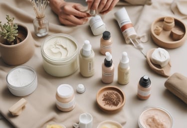 A cozy kitchen counter with jars of homemade skincare ingredients and fresh herbs.