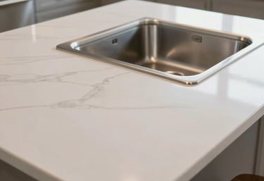 A gleaming, professionally cleaned kitchen island in a North American suburban home, with light reflecting off the stainless steel sink.