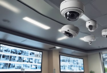 Close-up of a CCTV camera mounted on a brick wall overlooking a storefront.